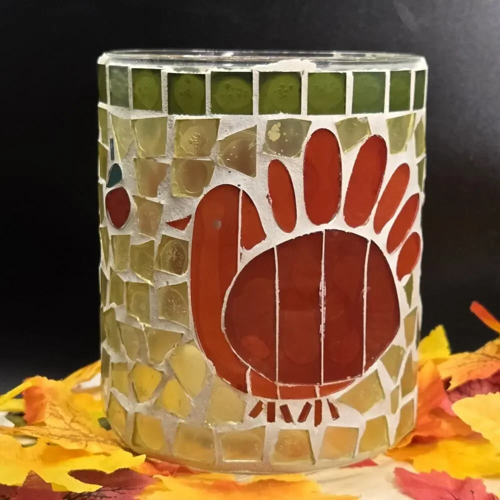 Mosaic Glass Turkey Tealight Candle Holder Orange Red Thanksgiving Centerpiece
